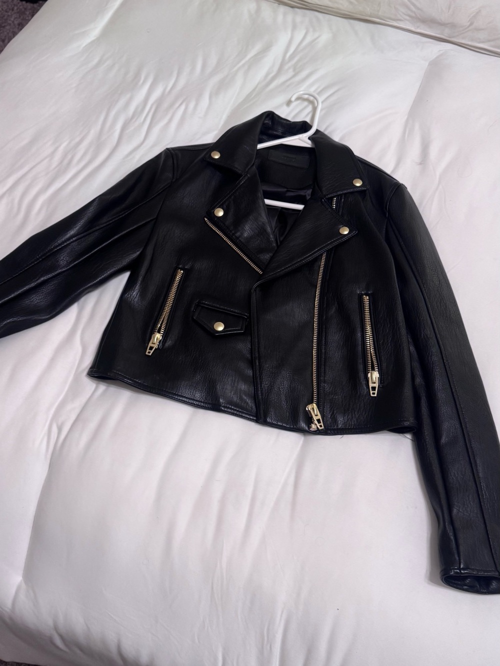 Blank NYC Black Faux Leather Cropped Moto Jacket with Gold Hardware
